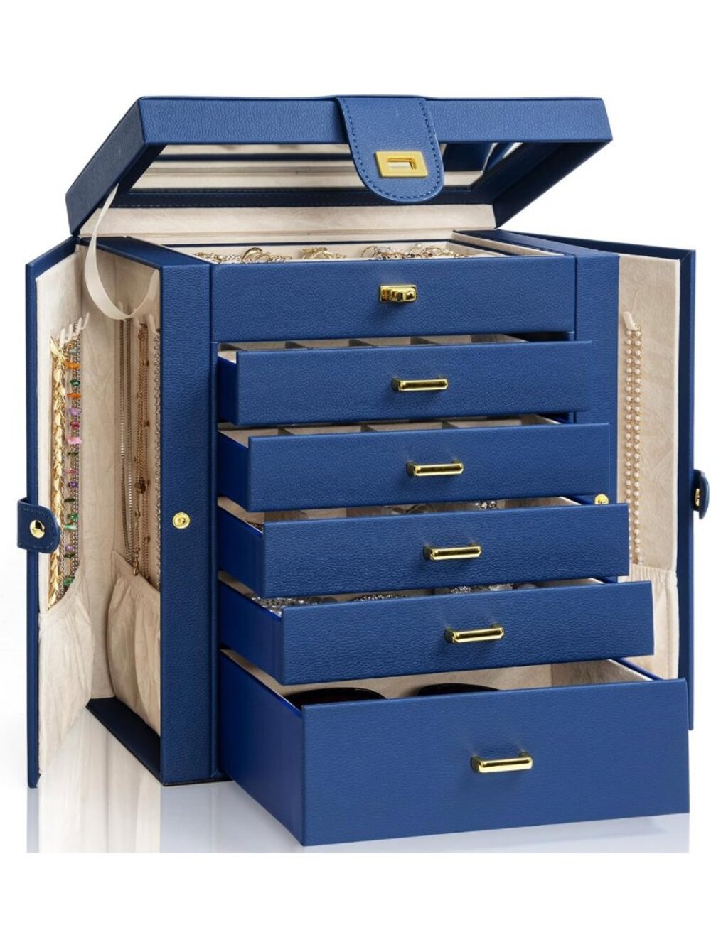 Large 6-Tier Jewelry Box Organizer with 5 Drawers - Stylish Storage Solution in